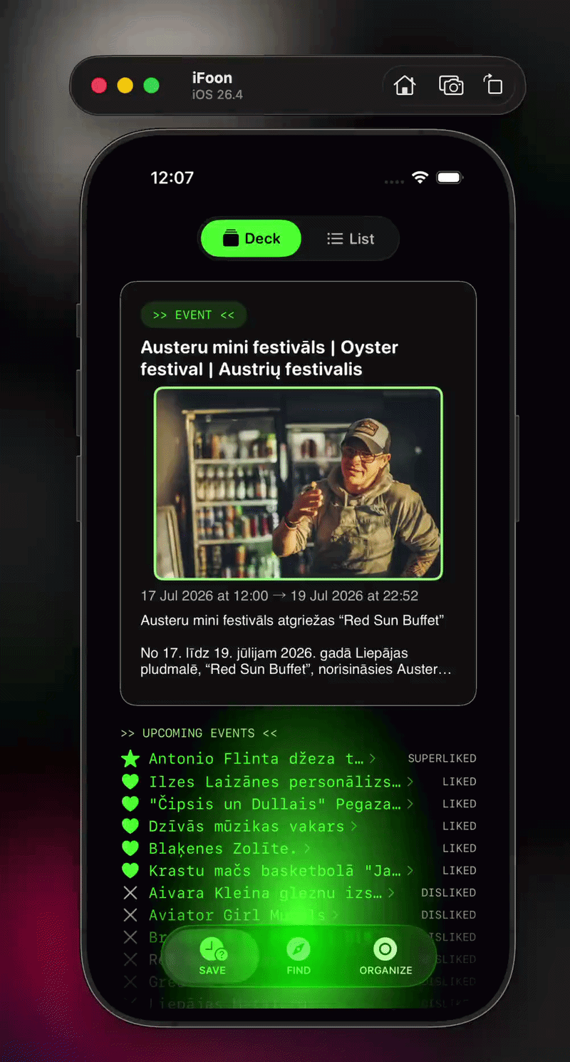 Swiping through the deck of upcoming events
